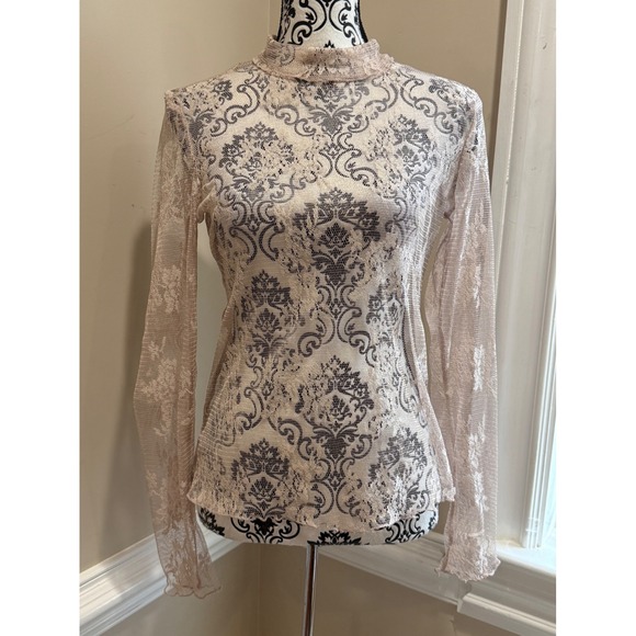 Listicle Tops - Womens Beige Lace Damask Mock Neck Sheer Long Sleeve Top Size S Whimsygoth